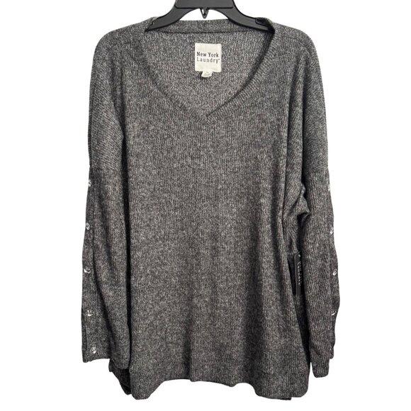 New York Laundry Womens Grey Knit V-Neck Sweater Size 2X With Button Sleeve Deta - Picture 8 of 12
